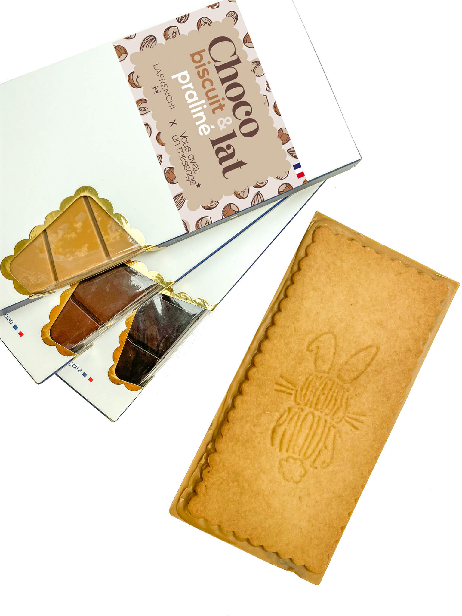 Assortiment de 3 tablettes de chocolat fourrées au praliné La Frenchi et leurs biscuits